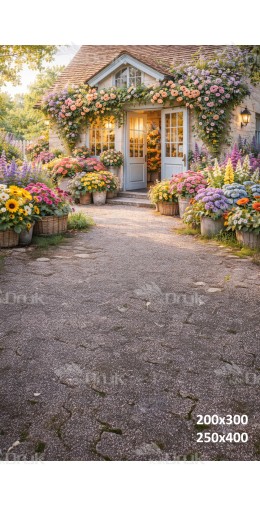 Tło fotograficzne „Kwiatowy domek z kamienną ścieżką” | E853